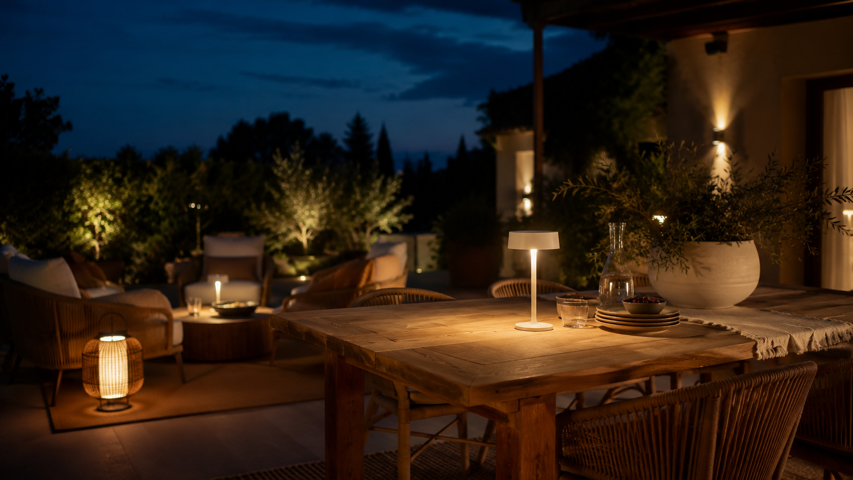 Terrasse extérieure de nuit éclairée par une lampe sans fil, une lanterne tressée et un éclairage mural